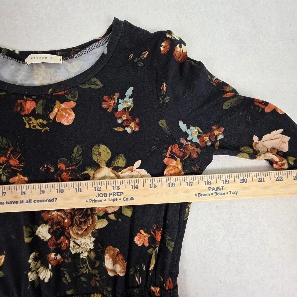 Reborn‎ J Women Large Midi Dress Black Floral Excellent Long Sleeve Pockets USA